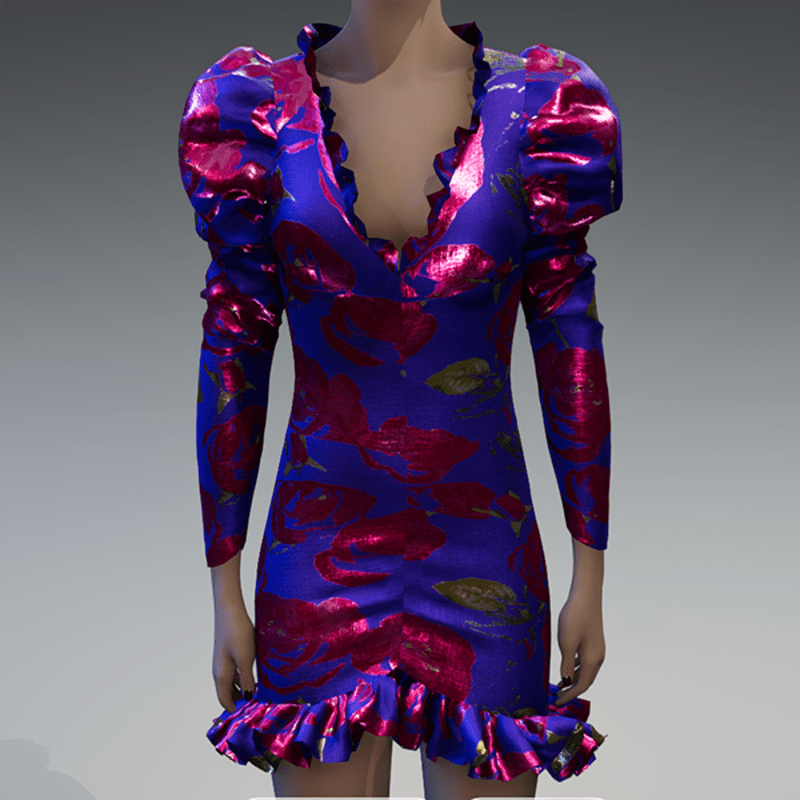 Roses metallic violet brocade ruched puff sleeve top