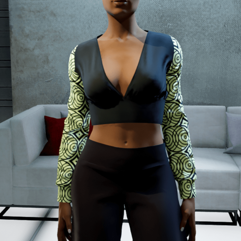 Cropped V-neck Blouse - Black and Yellow Circles