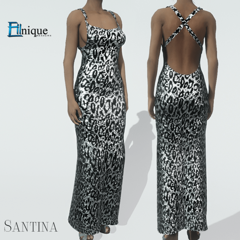 Santina Silver Black Animal Print Glitter Gown