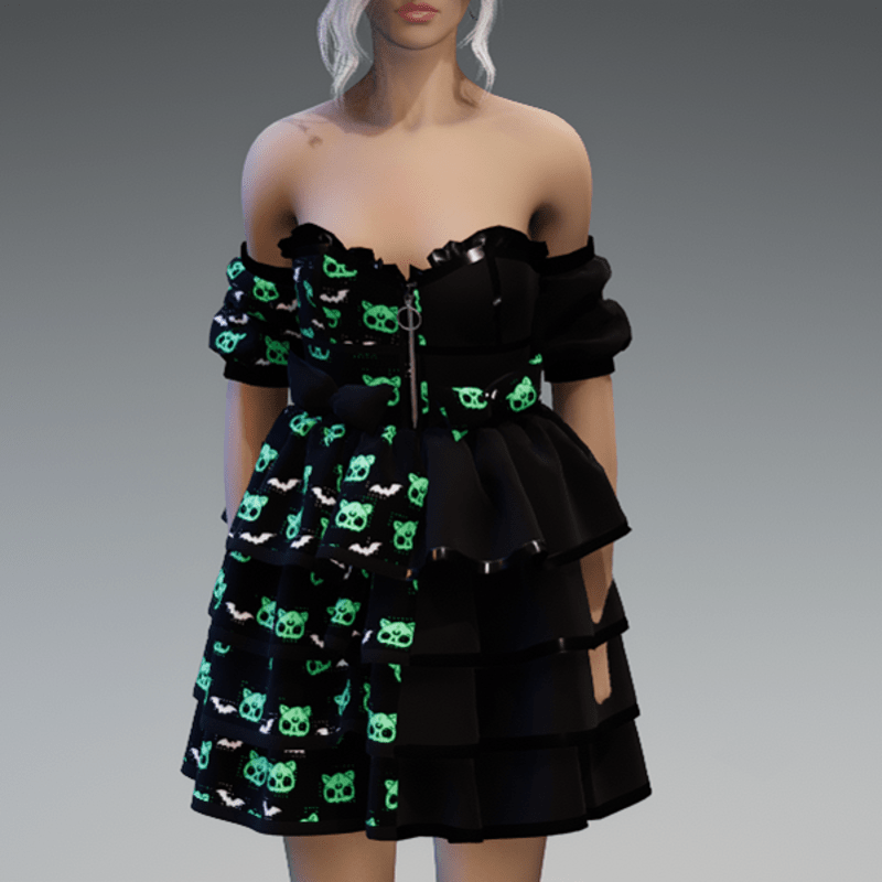 Lolita Dress V1 'Deadcats & Bats' with Bows in Black&Green