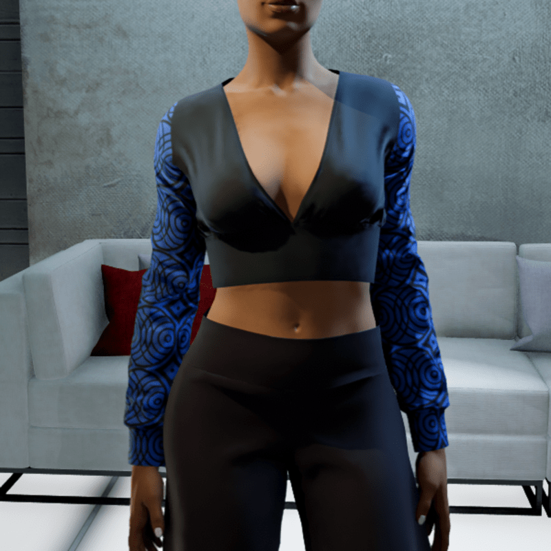 Cropped V-neck Blouse - Black and Blue Circles