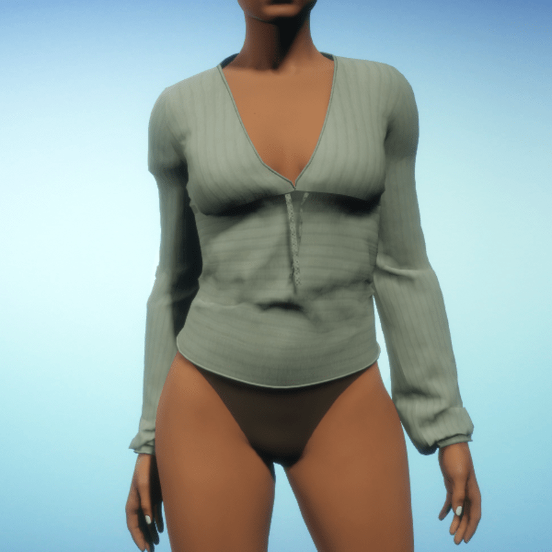 Ribbed V-Neck Top - Green Cotton