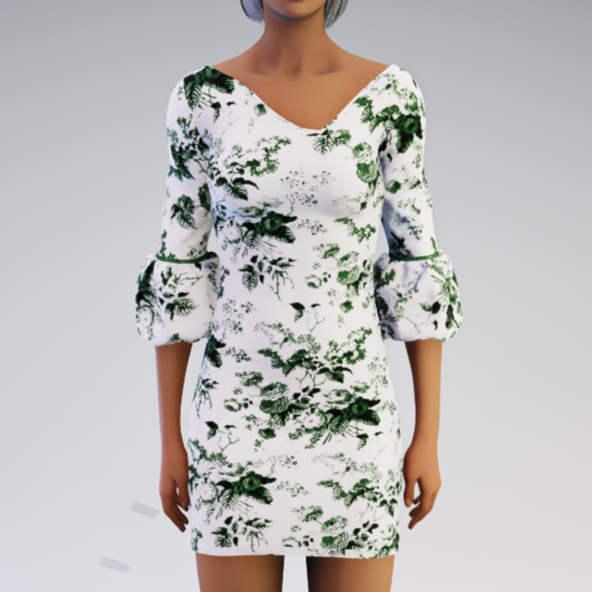 Bell-sleeve Dress - Vintage Flowers - Green