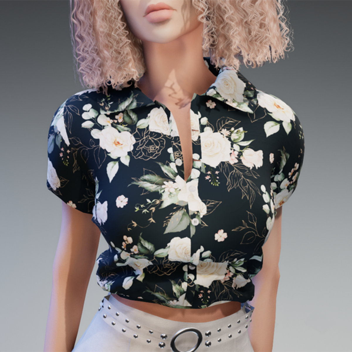 Blouse with White Roses Flower Pattern