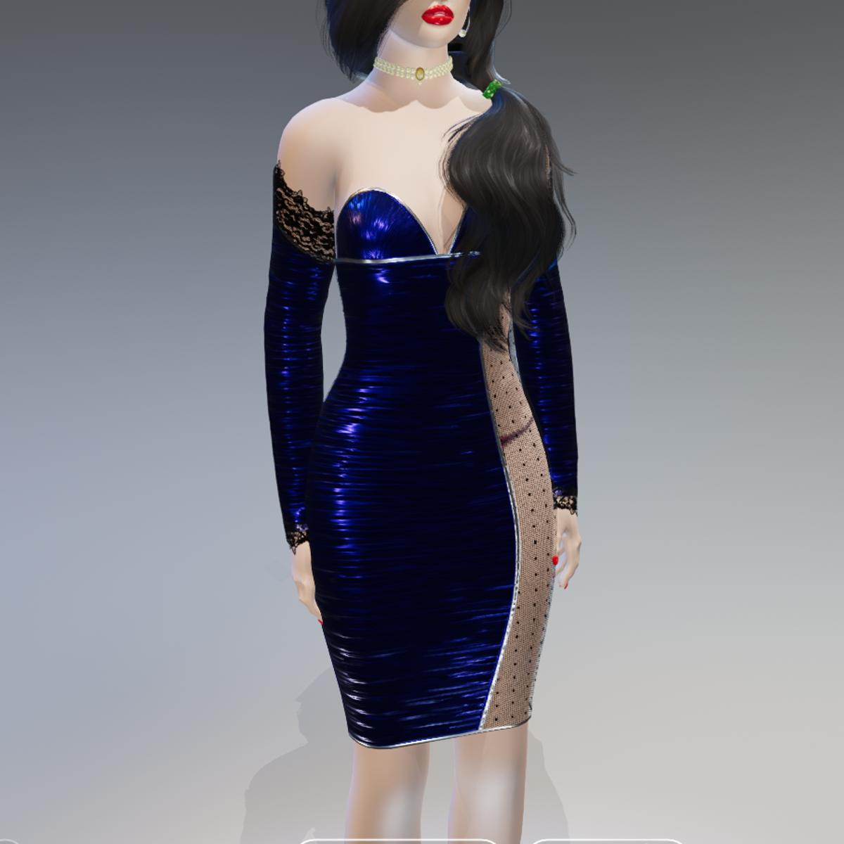 Blue Laced-Sides Arm-Gloves Ruched Bodycon Dress - Female