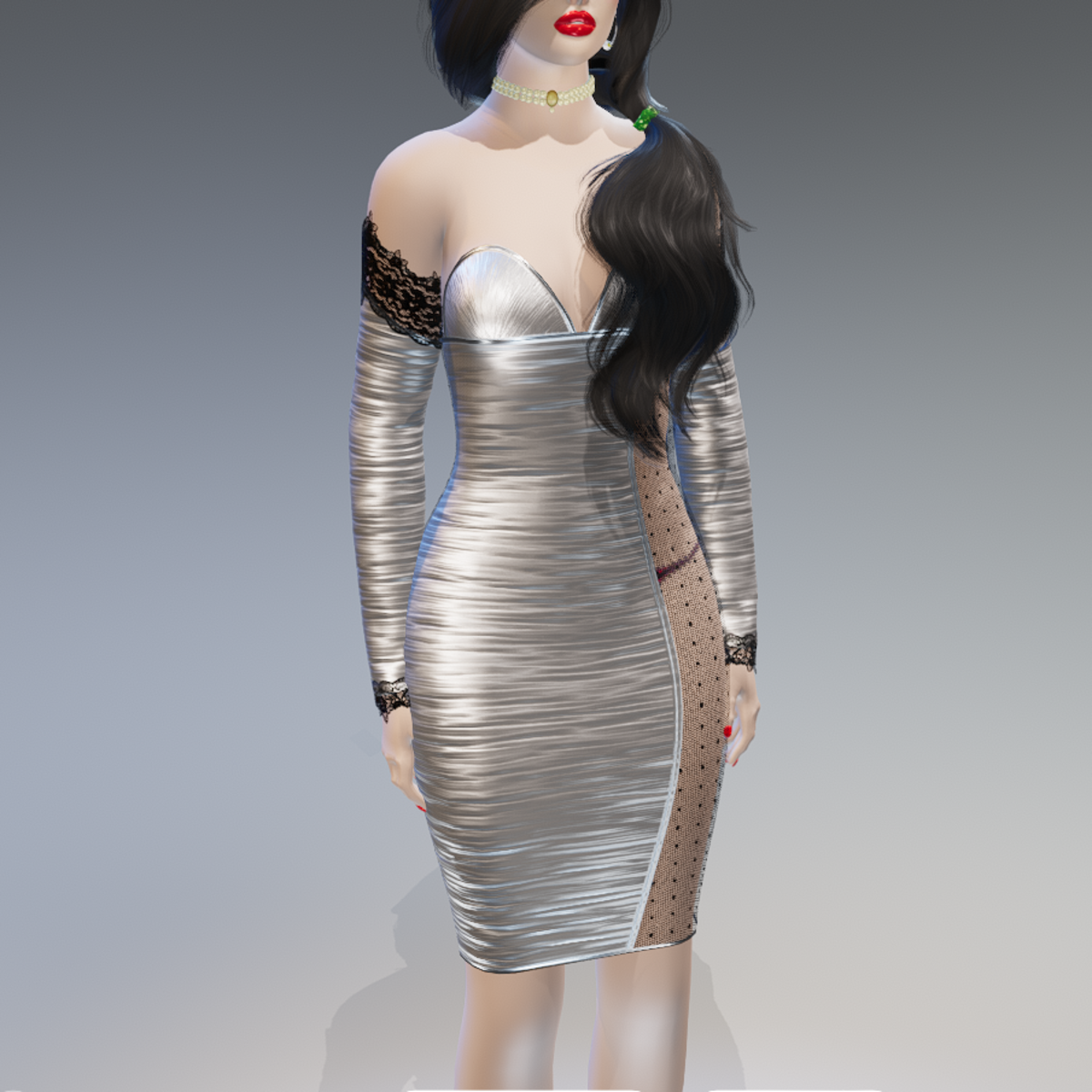 Silver Laced-Sides Arm-Gloves Ruched Bodycon Dress - Female