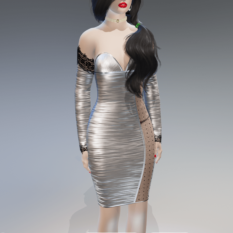 Silver Laced-Sides Arm-Gloves Ruched Bodycon Dress - Female