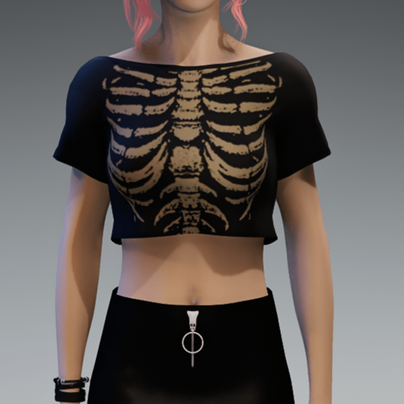 Crop Top Girlie with Black & Goldbrown Skeleton Print