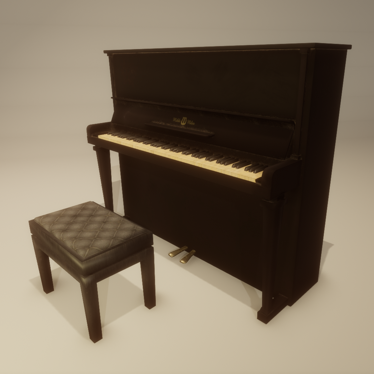 Upright Piano black, old, with bench
