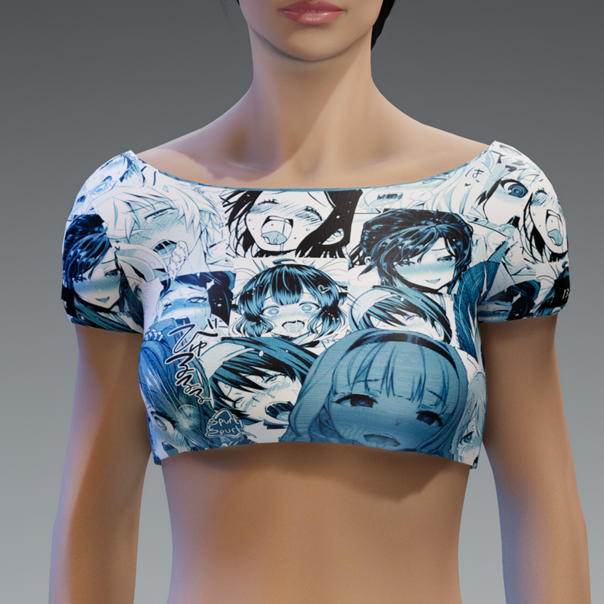 Women's Blue Tint Ahegao Print Crop Tee