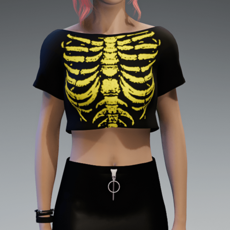 Crop Top Girlie with Black & Yellow Skeleton Print
