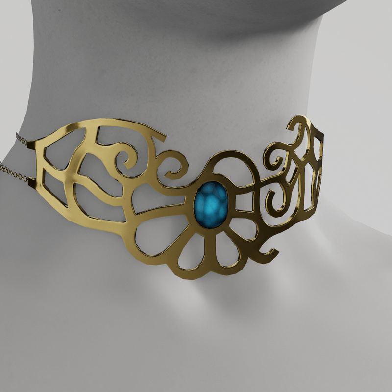 Golden necklace with glowing gem