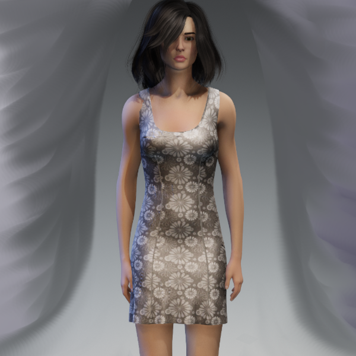 Darted Floral Dress - Grey