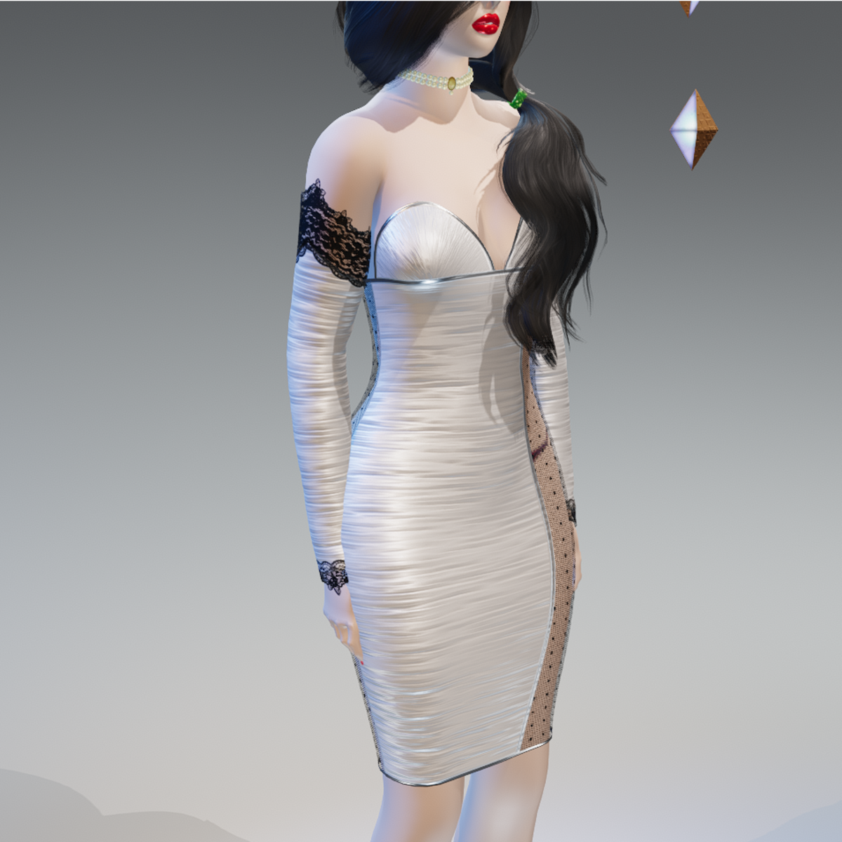 White Laced-Sides Arm-Gloves Ruched Bodycon Dress - Female