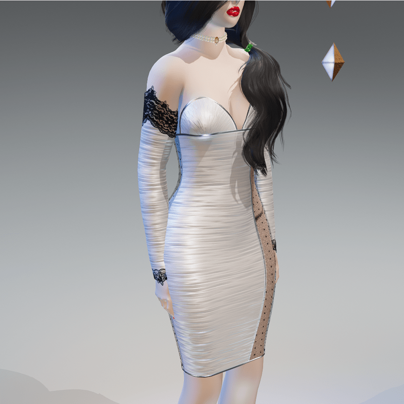 White Laced-Sides Arm-Gloves Ruched Bodycon Dress - Female