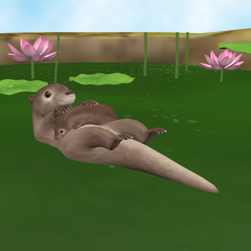 Swimming otter mom and baby