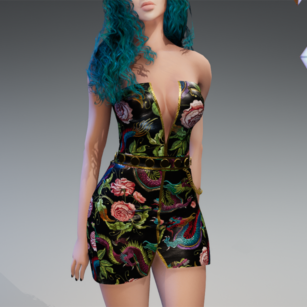 Elegant Cocktail Dress with Dragons and Gold