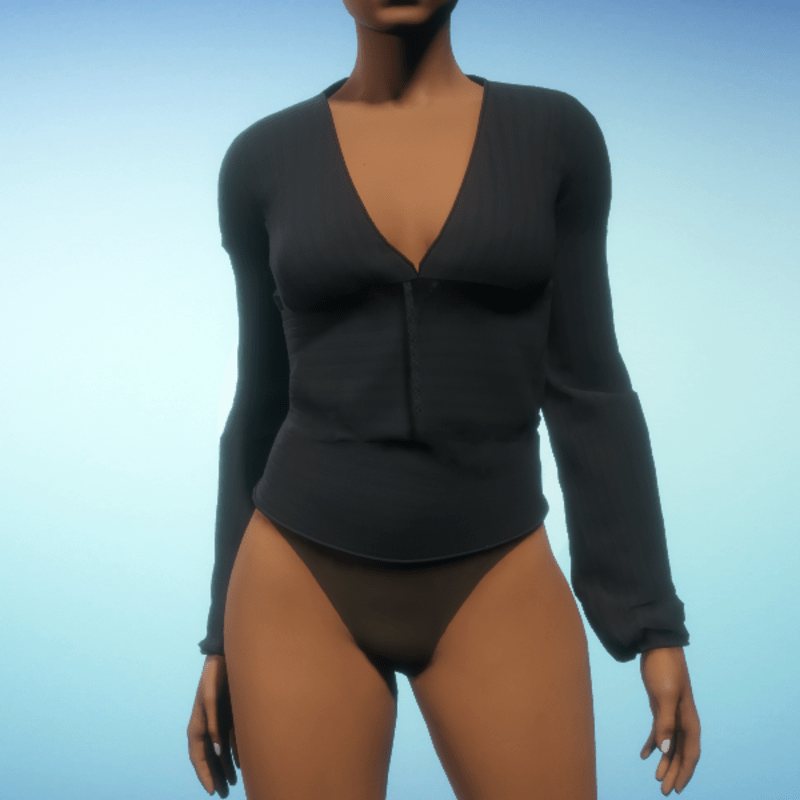 Ribbed V-Neck Top - Black Cotton