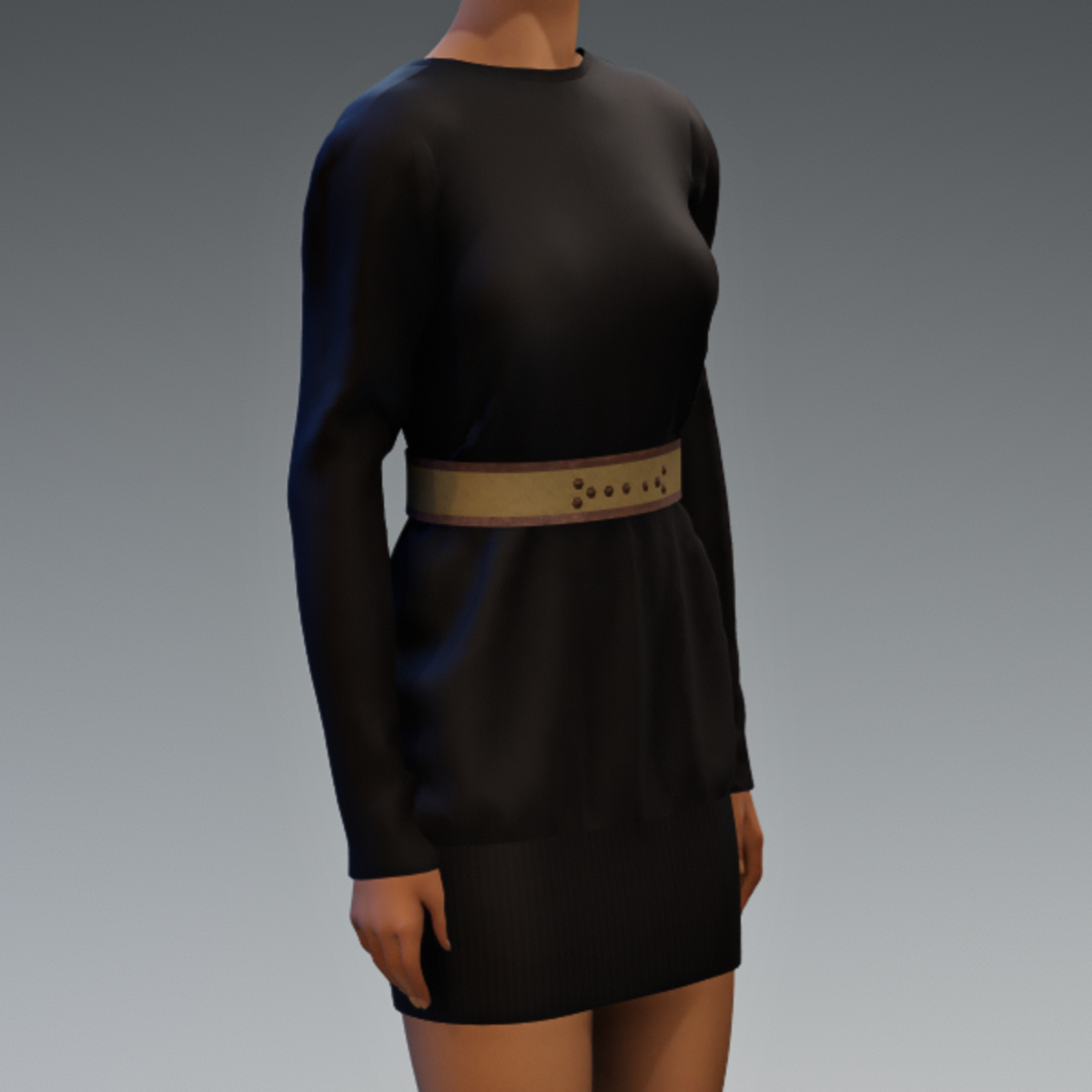 Sleek Knit Tunic with Trimmed Belt- Black