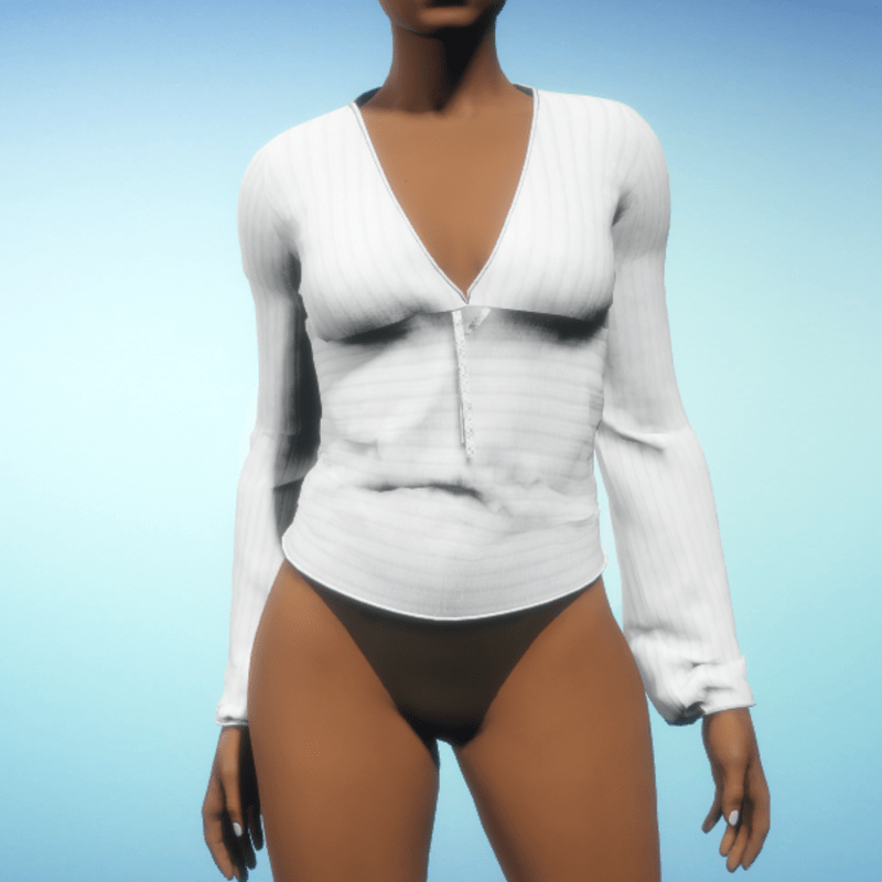 Ribbed V-Neck Top - White Cotton