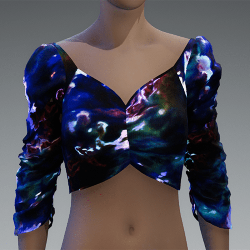 Emissive nebula brocade ruched puff sleeve top
