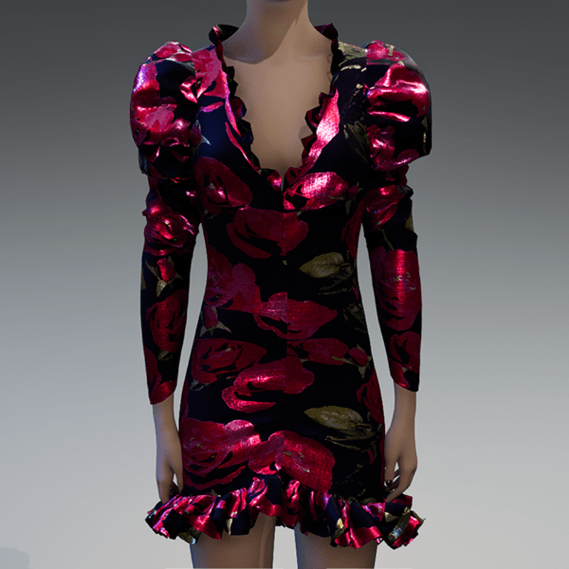 Roses metallic brocade ruched puff sleeve dress