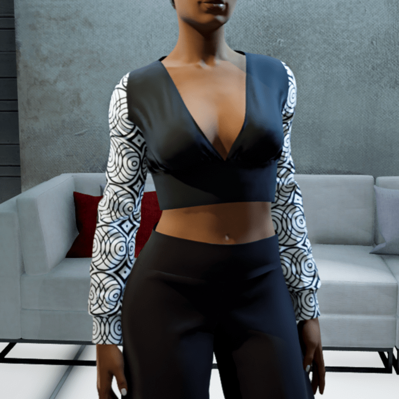 Cropped V-neck Blouse - Black and White Circles