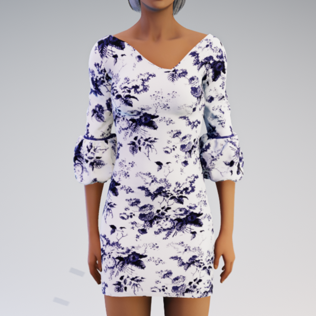 Bell-sleeve Dress - Vintage flowers - Blue