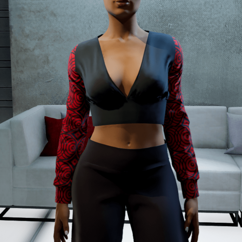 Cropped V-neck Blouse - Black and Red Circles