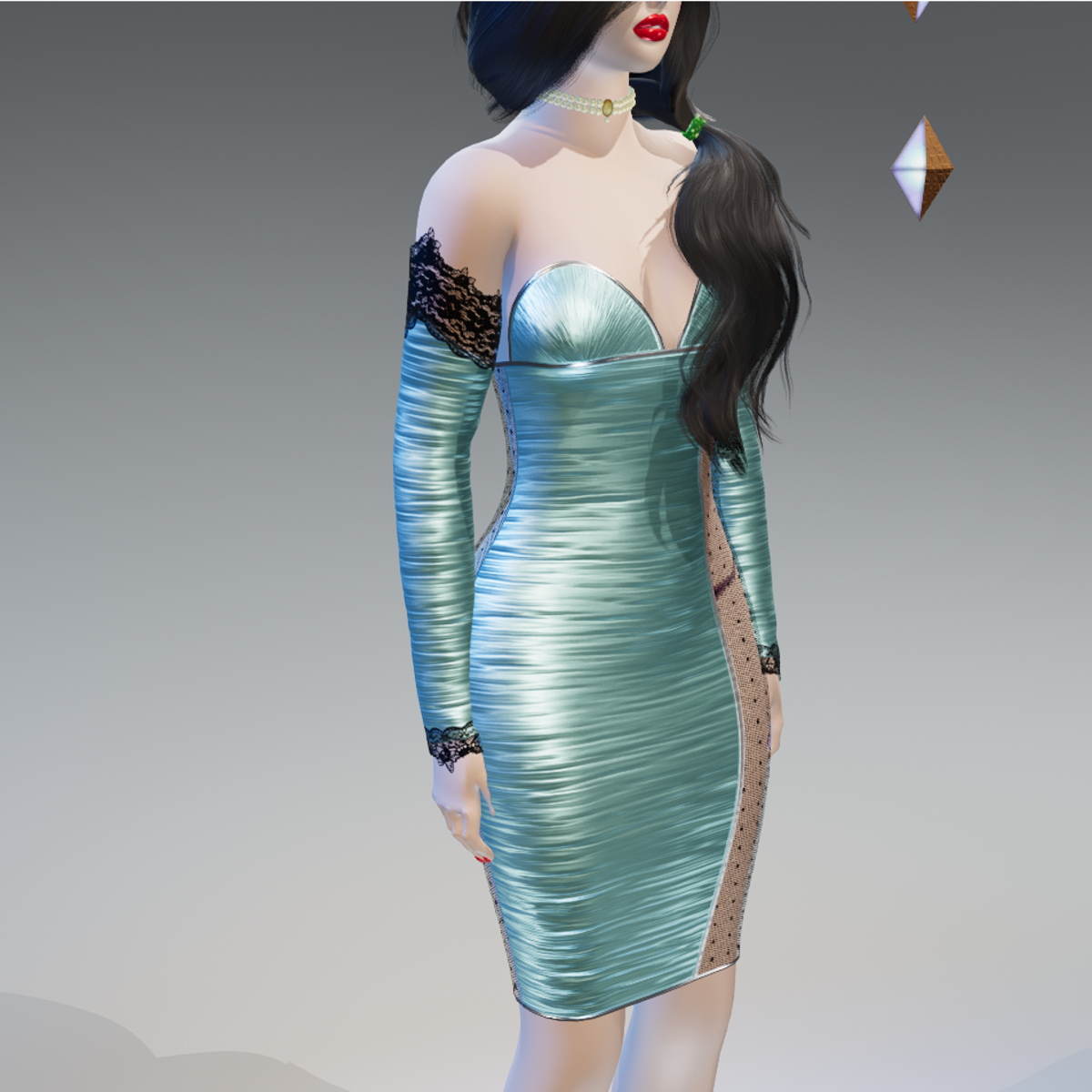 Sky Laced-Sides Arm-Gloves Ruched Bodycon Dress - Female