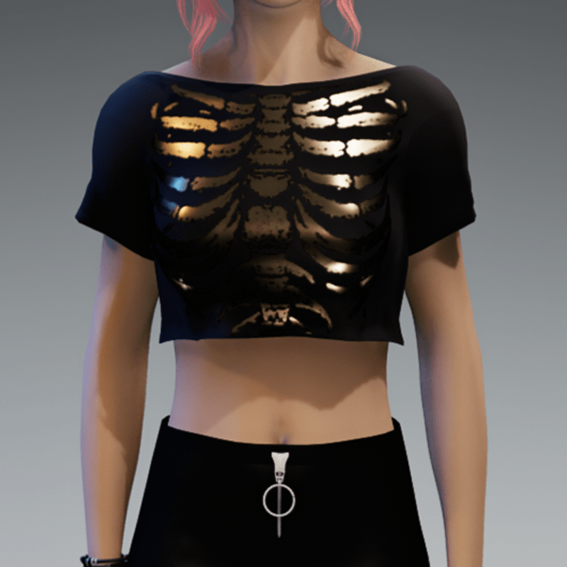 Crop Top Girlie with Black & Gold Shiny Skeleton Print