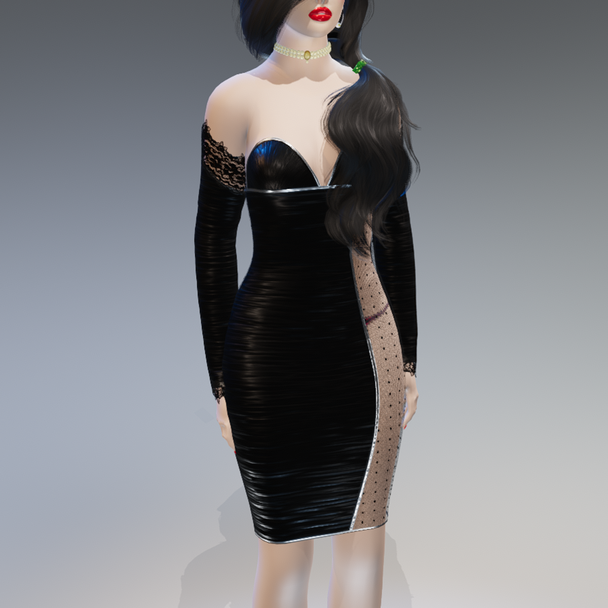 Black Laced-Sides Arm-Gloves Ruched Bodycon Dress - Female