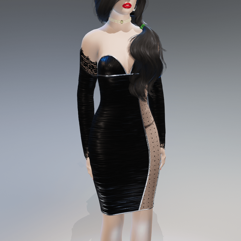 Black Laced-Sides Arm-Gloves Ruched Bodycon Dress - Female