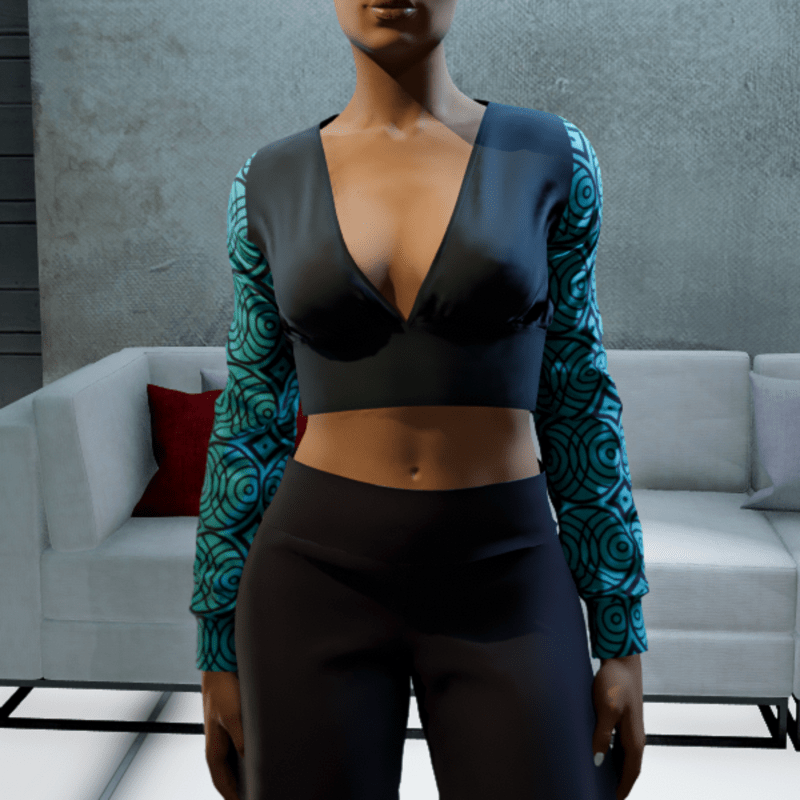 Cropped V-neck Blouse - Black and Teal Circles