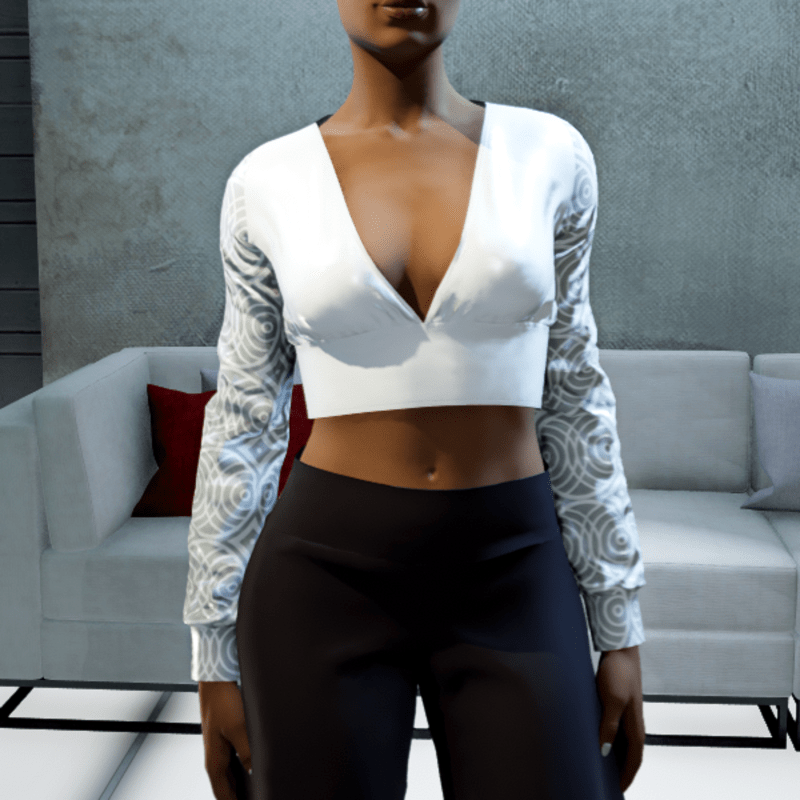 Cropped V-neck Blouse - White and Grey Circles