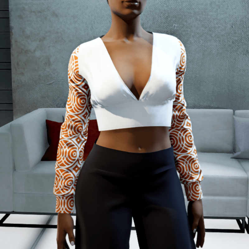 Cropped V-neck Blouse - White and Orange Circles