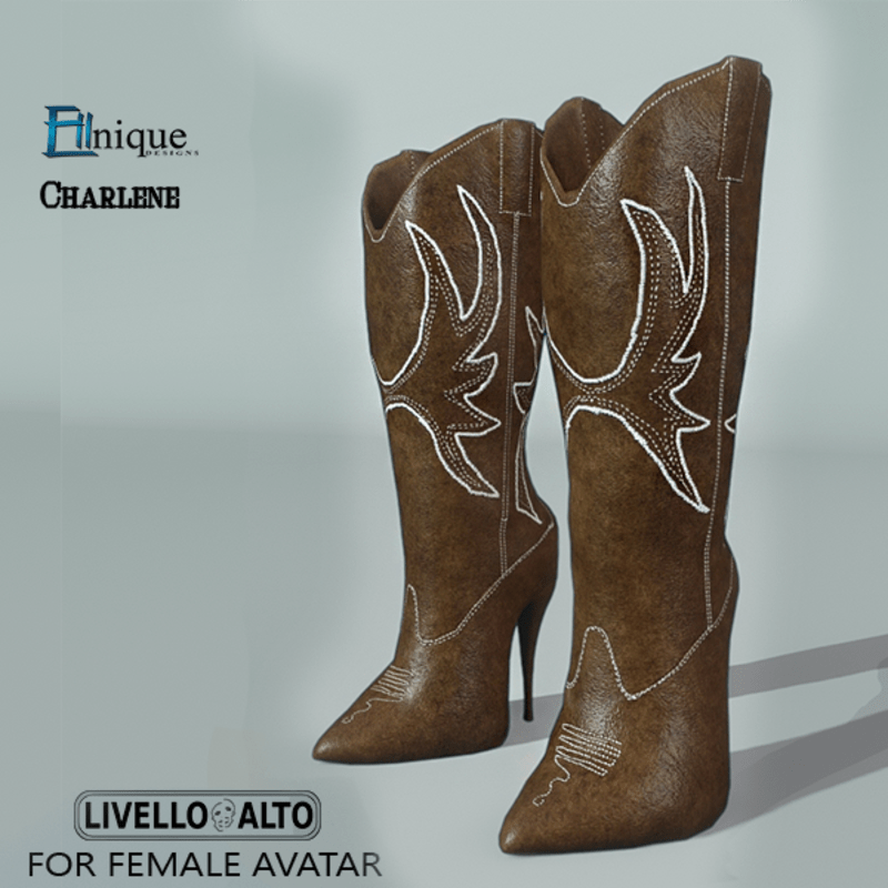 Charlene-Cowgirl Boots, Brown -for LIVELLO ALTO Female Avatar