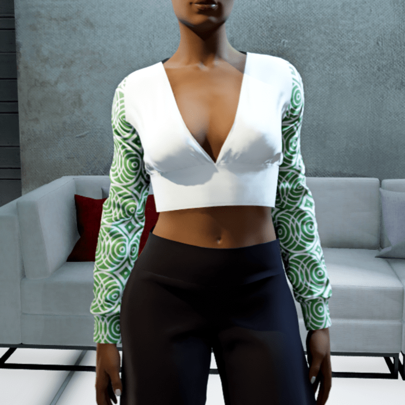 Cropped V-neck Blouse - White and Green Circles