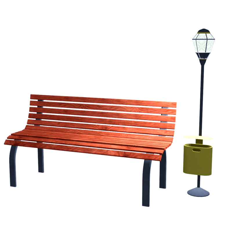 Bench with lantern and garbage can