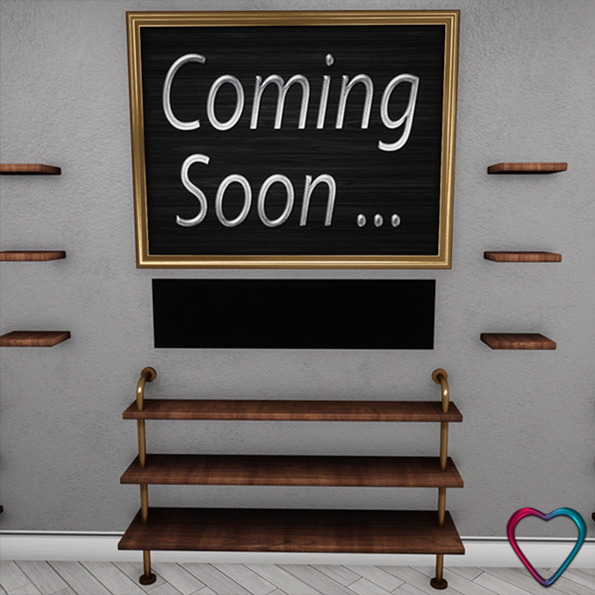 Display with Picture and Brown Wood Shelves - Silver Gold Copper