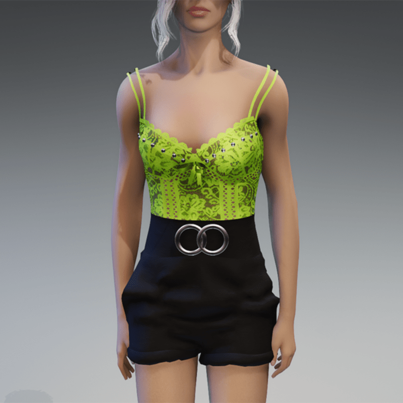 Elegant Shorts & Lace Top in Black & Yellowgreen