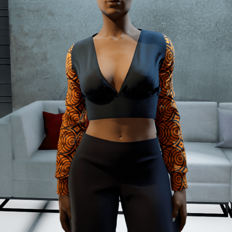 Cropped V-neck Blouse - Black and Orange Circles