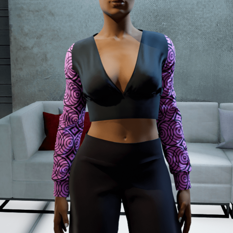 Cropped V-neck Blouse - Black and Pink Circles