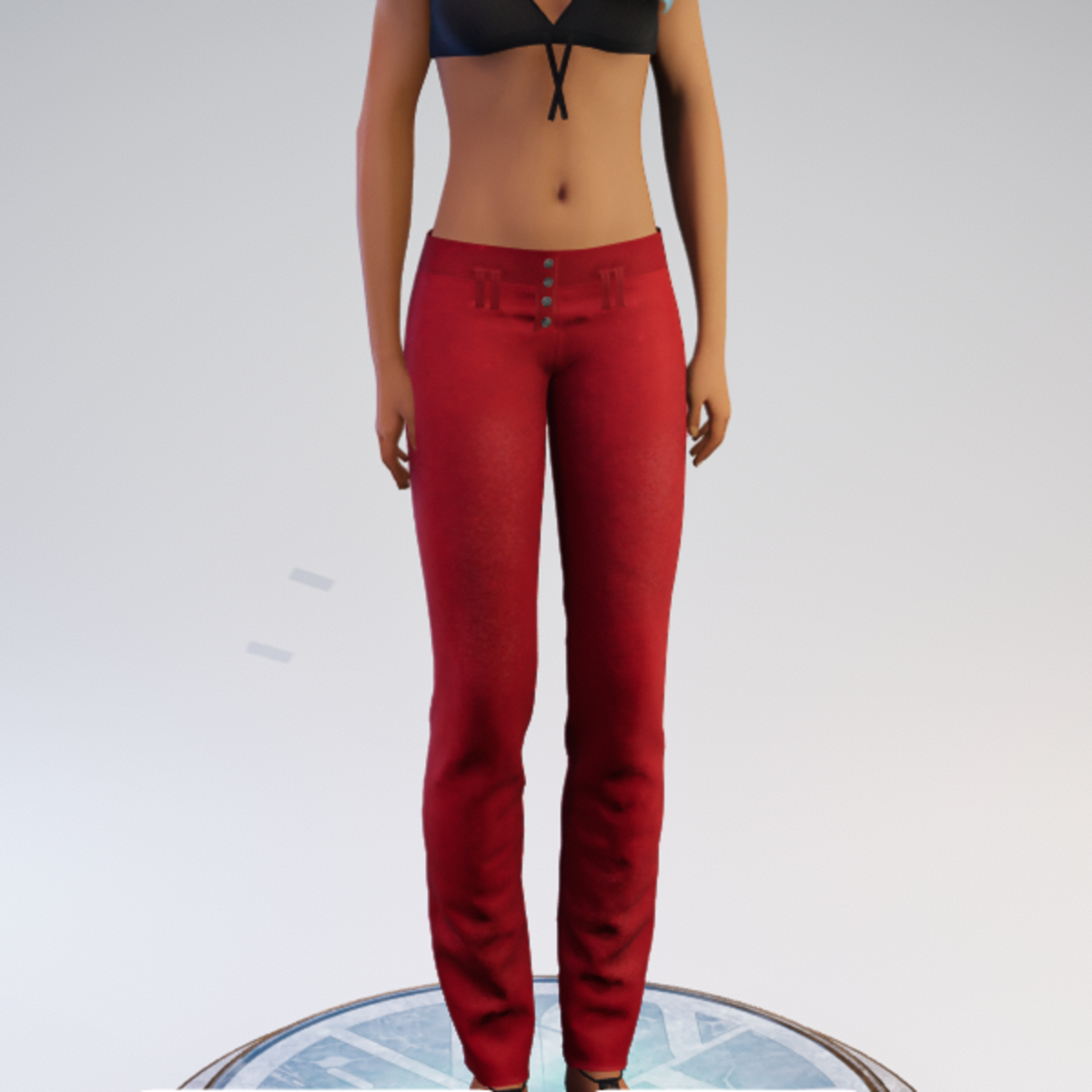 Buttoned Hip-hugger Pants - Brushed Denim - Red