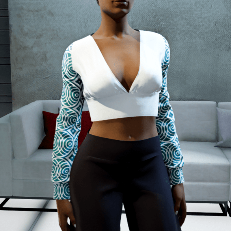 Cropped V-neck Blouse - White and Teal Circles