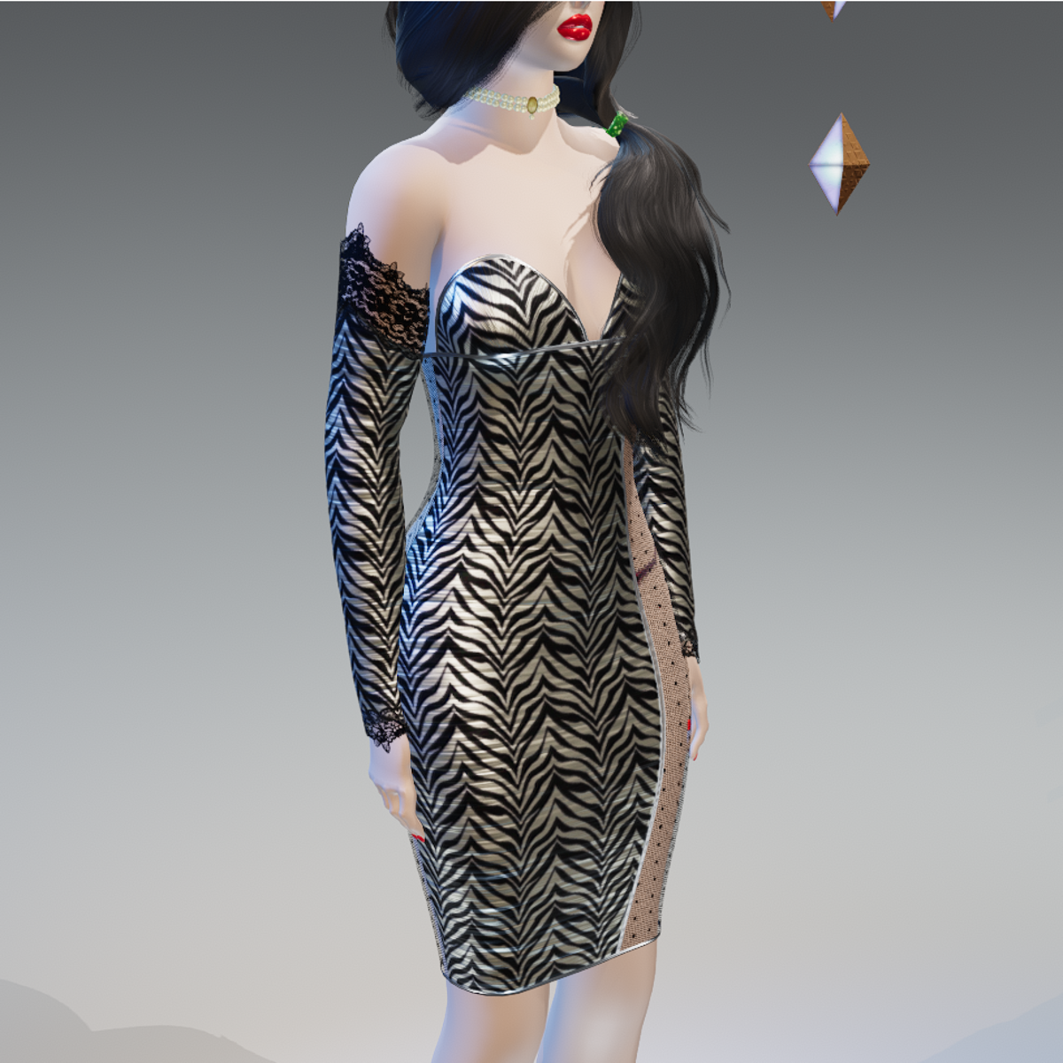 Silver-Zebra Laced-Sides Arm-Gloves Bodycon Dress - Female