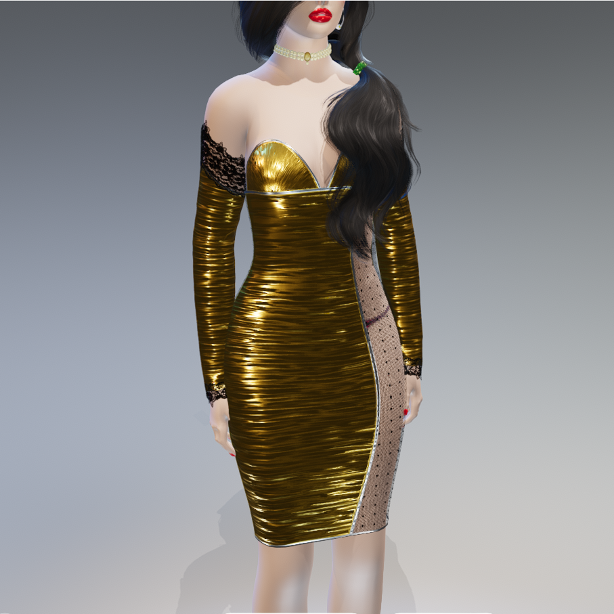Gold Laced-Sides Arm-Gloves Ruched Bodycon Dress - Female
