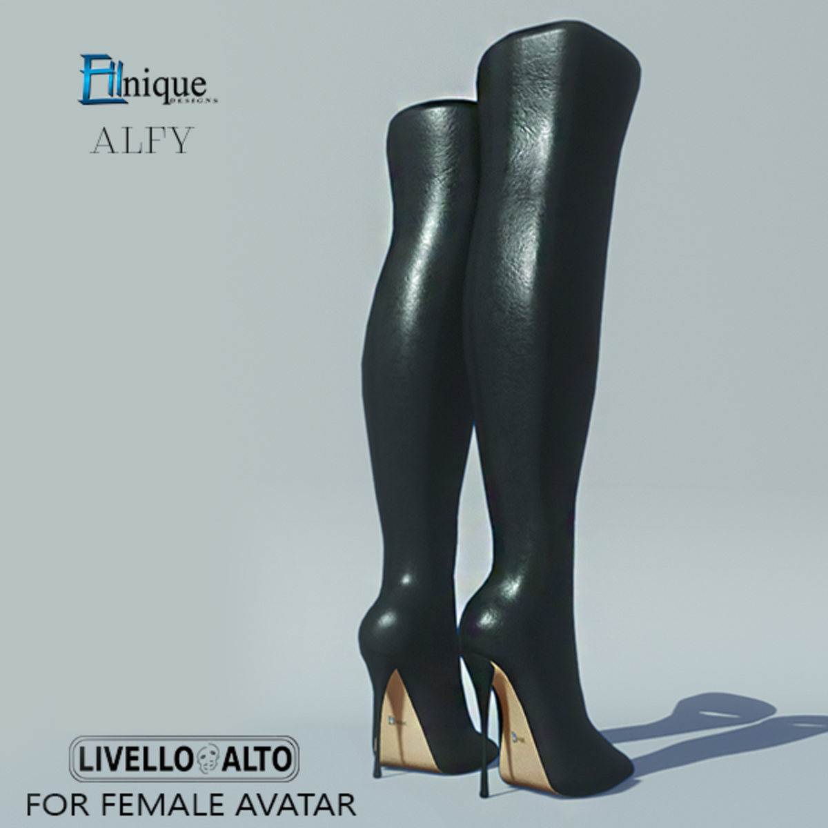 Alfy Black Leather Thigh high Boots -for LIVELLO ALTO Female Avatar.