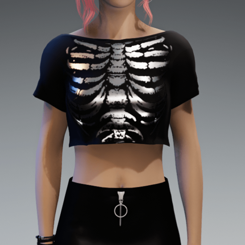 Crop Top Girlie with Black & Silver Shiny Skeleton Print