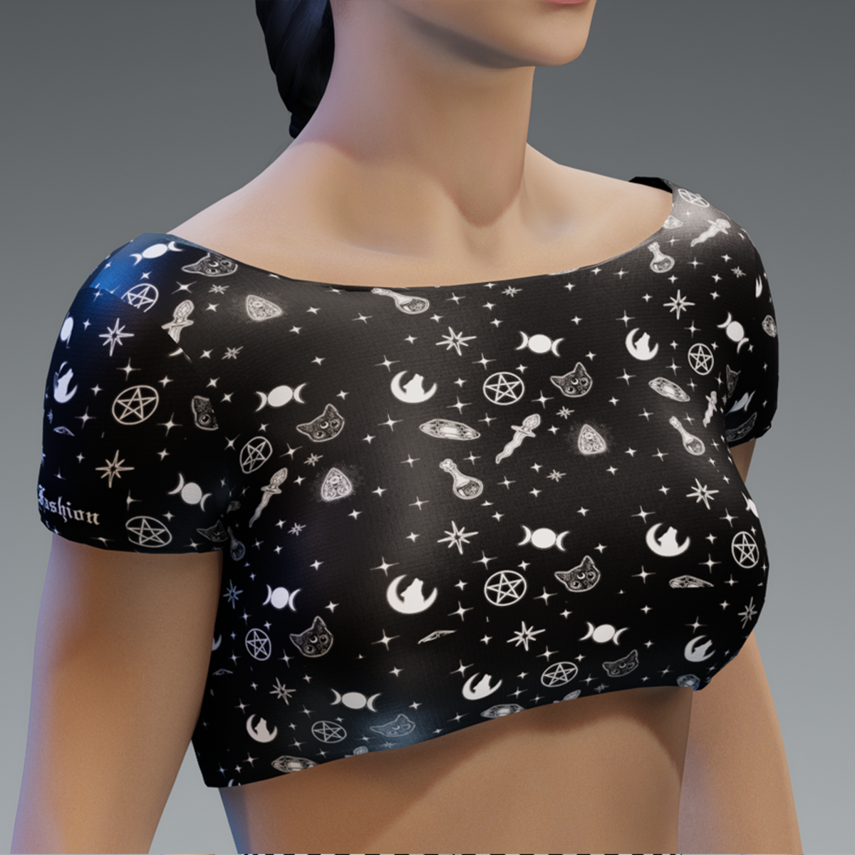 Women's Emo Kitty Ouija Pentacle Print Crop Tee